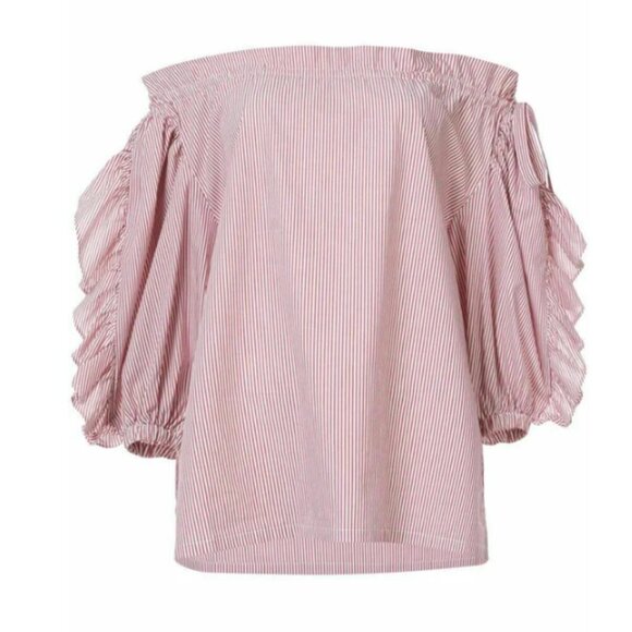 Robert Rodriguez Ruffle Stripe Cotton Shirt Womens Small Red Off Shoulder Light - Picture 7 of 9